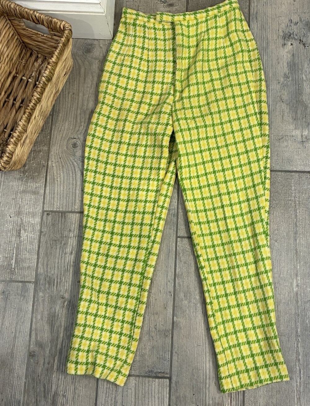 Vtg 60s Marianne Fashion Wool Houndstooth Cigarette Pants Lime Green Yellow 8P